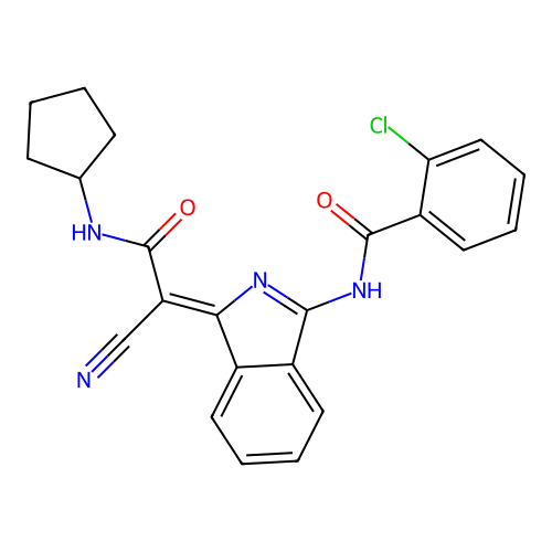 2-chloro-N-[(3Z)-3-[1-cyano-2-(cyclopentylamino)-2-oxoethylidene]isoindol-1-yl]benzamide structure