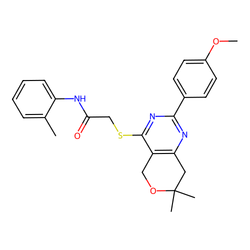 2-((2-(4-methoxyphenyl)-7,7-dimethyl-7,8-dihydro-5H-pyrano[4,3-d]pyrimidin-4-yl)thio)-N-(o-tolyl)acetamide structure
