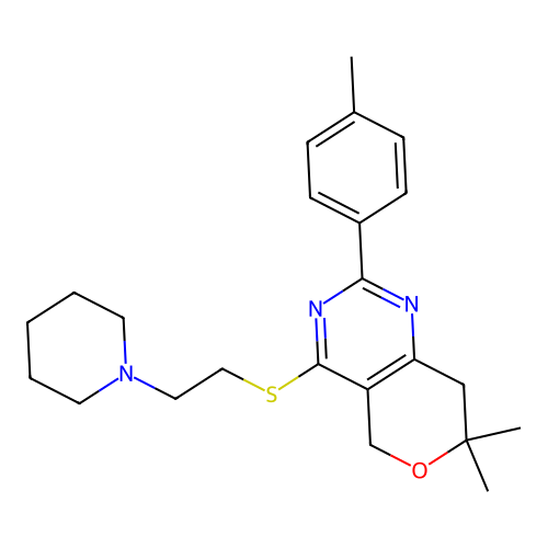 7,7-dimethyl-2-(4-methylphenyl)-4-(2-piperidin-1-ylethylsulfanyl)-5,8-dihydropyrano[4,3-d]pyrimidine structure