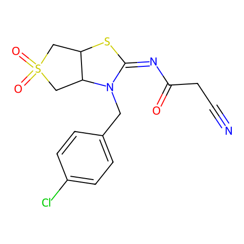 (Z)-N-(3-(4-chlorobenzyl)-5,5-dioxidotetrahydrothieno[3,4-d]thiazol-2(3H)-ylidene)-2-cyanoacetamide structure