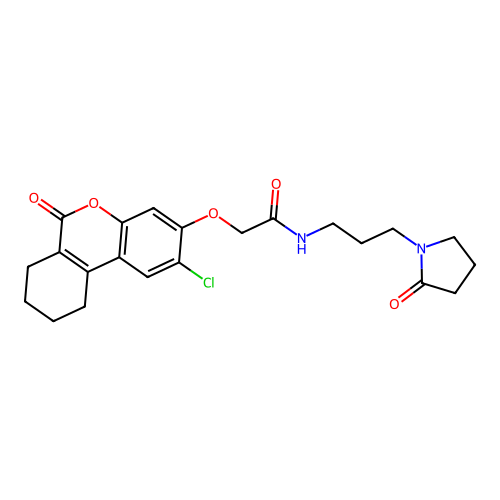 2-((2-chloro-6-oxo-7,8,9,10-tetrahydro-6H-benzo[c]chromen-3-yl)oxy)-N-(3-(2-oxopyrrolidin-1-yl)propyl)acetamide structure