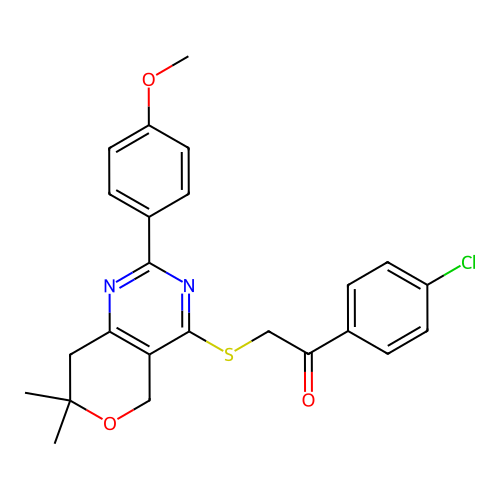 1-(4-chlorophenyl)-2-((2-(4-methoxyphenyl)-7,7-dimethyl-7,8-dihydro-5H-pyrano[4,3-d]pyrimidin-4-yl)thio)ethanone structure