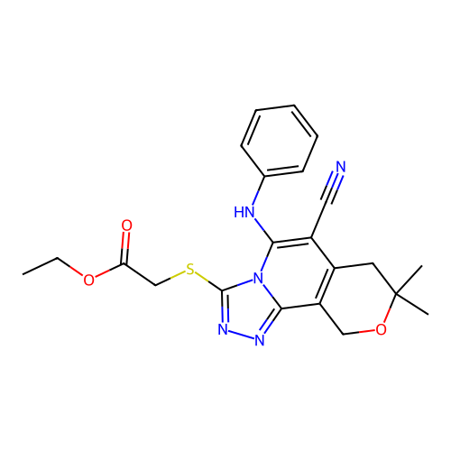 ethyl {[6-cyano-8,8-dimethyl-5-(phenylamino)-7,10-dihydro-8H-pyrano[3,4-c][1,2,4]triazolo[4,3-a]pyridin-3-yl]sulfanyl}acetate structure