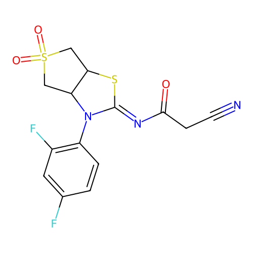 (Z)-2-cyano-N-(3-(2,4-difluorophenyl)-5,5-dioxidotetrahydrothieno[3,4-d]thiazol-2(3H)-ylidene)acetamide structure