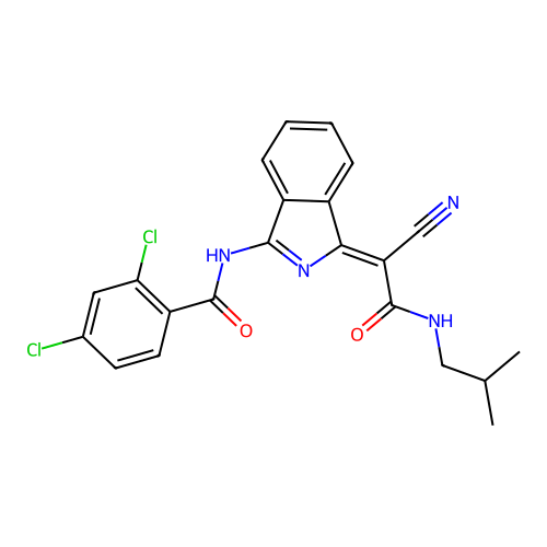 (Z)-2,4-dichloro-N-(1-(1-cyano-2-(isobutylamino)-2-oxoethylidene)-1H-isoindol-3-yl)benzamide structure