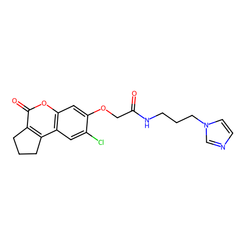 2-[(8-chloro-4-oxo-1,2,3,4-tetrahydrocyclopenta[c]chromen-7-yl)oxy]-N-[3-(1H-imidazol-1-yl)propyl]acetamide structure