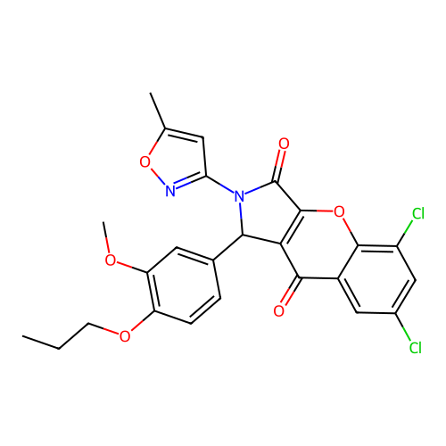 5,7-dichloro-1-(3-methoxy-4-propoxyphenyl)-2-(5-methyl-1,2-oxazol-3-yl)-1,2-dihydrochromeno[2,3-c]pyrrole-3,9-dione structure