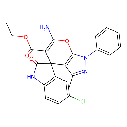 ethyl 6'-amino-5-chloro-3'-methyl-2-oxo-1'-phenyl-1'H-spiro[indoline-3,4'-pyrano[2,3-c]pyrazole]-5'-carboxylate structure