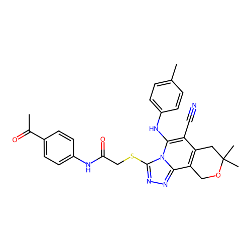 N-(4-acetylphenyl)-2-((6-cyano-8,8-dimethyl-5-(p-tolylamino)-8,10-dihydro-7H-pyrano[3,4-c][1,2,4]triazolo[4,3-a]pyridin-3-yl)thio)acetamide structure
