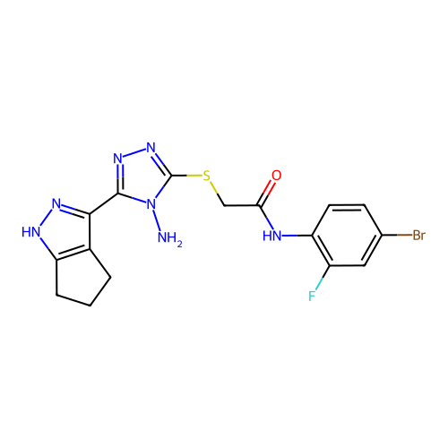 2-((4-amino-5-(1,4,5,6-tetrahydrocyclopenta[c]pyrazol-3-yl)-4H-1,2,4-triazol-3-yl)thio)-N-(4-bromo-2-fluorophenyl)acetamide structure