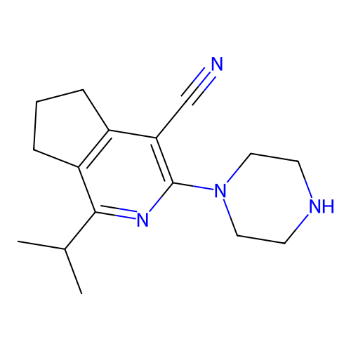 1-isopropyl-3-(piperazin-1-yl)-6,7-dihydro-5H-cyclopenta[c]pyridine-4-carbonitrile structure