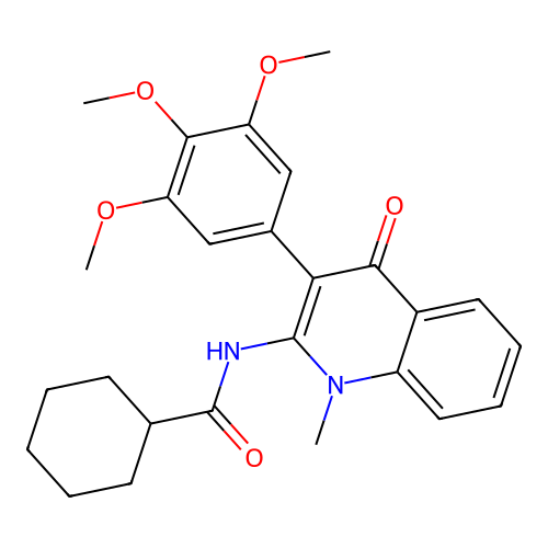 N-[1-methyl-4-oxo-3-(3,4,5-trimethoxyphenyl)quinolin-2-yl]cyclohexanecarboxamide structure