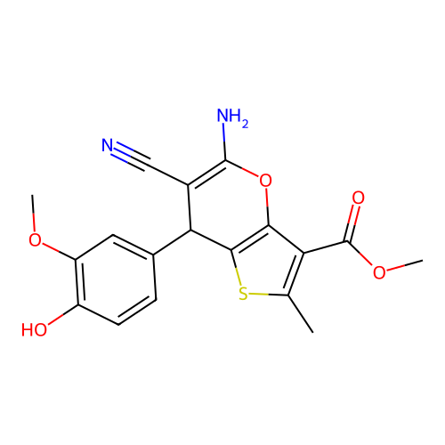 methyl 5-amino-6-cyano-7-(4-hydroxy-3-methoxyphenyl)-2-methyl-7H-thieno[3,2-b]pyran-3-carboxylate structure