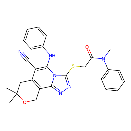 2-((6-cyano-8,8-dimethyl-5-(phenylamino)-8,10-dihydro-7H-pyrano[3,4-c][1,2,4]triazolo[4,3-a]pyridin-3-yl)thio)-N-methyl-N-phenylacetamide structure