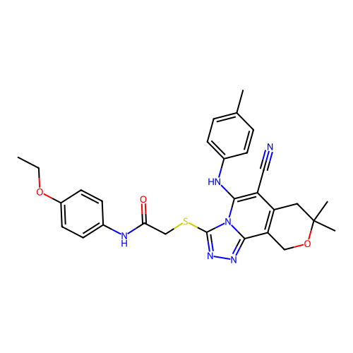 2-((6-cyano-8,8-dimethyl-5-(p-tolylamino)-8,10-dihydro-7H-pyrano[3,4-c][1,2,4]triazolo[4,3-a]pyridin-3-yl)thio)-N-(4-ethoxyphenyl)acetamide structure