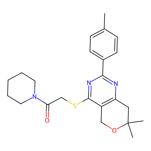 2-((7,7-dimethyl-2-(p-tolyl)-7,8-dihydro-5H-pyrano[4,3-d]pyrimidin-4-yl)thio)-1-(piperidin-1-yl)ethanone structure
