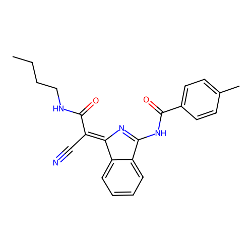 (Z)-N-(1-(2-(butylamino)-1-cyano-2-oxoethylidene)-1H-isoindol-3-yl)-4-methylbenzamide structure