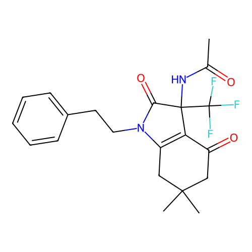 N-[6,6-dimethyl-2,4-dioxo-1-phenethyl-3-(trifluoromethyl)-5,7-dihydroindol-3-yl]acetamide structure