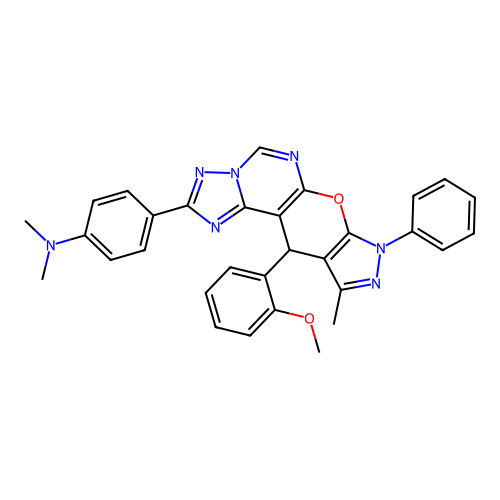 4-(11-(2-methoxyphenyl)-10-methyl-8-phenyl-8,11-dihydropyrazolo[4',3':5,6]pyrano[3,2-e][1,2,4]triazolo[1,5-c]pyrimidin-2-yl)-N,N-dimethylaniline structure