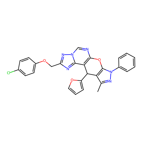 2-((4-chlorophenoxy)methyl)-11-(furan-2-yl)-10-methyl-8-phenyl-8,11-dihydropyrazolo[4',3':5,6]pyrano[3,2-e][1,2,4]triazolo[1,5-c]pyrimidine structure