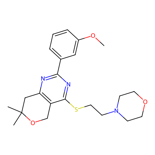 2-(3-methoxyphenyl)-7,7-dimethyl-4-((2-morpholinoethyl)thio)-7,8-dihydro-5H-pyrano[4,3-d]pyrimidine structure
