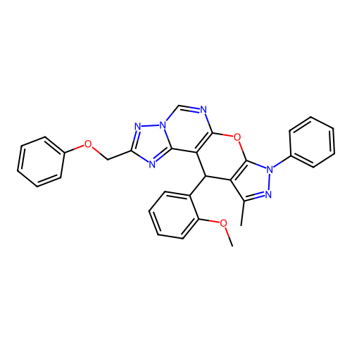11-(2-methoxyphenyl)-10-methyl-2-(phenoxymethyl)-8-phenyl-8,11-dihydropyrazolo[4',3':5,6]pyrano[3,2-e][1,2,4]triazolo[1,5-c]pyrimidine structure