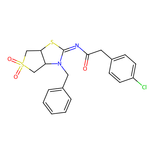 N-[(2Z)-3-benzyl-5,5-dioxidotetrahydrothieno[3,4-d][1,3]thiazol-2(3H)-ylidene]-2-(4-chlorophenyl)acetamide structure