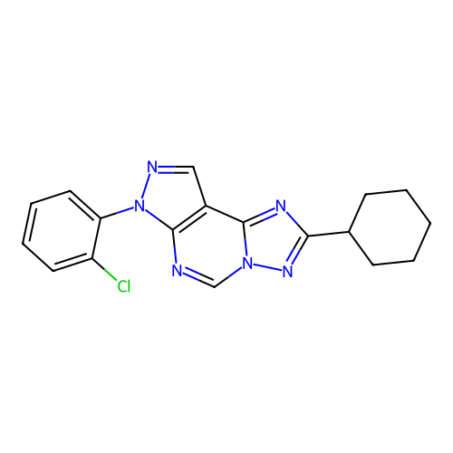 3-(2-chlorophenyl)-8-cyclohexyl-6-hydropyrazolo[5,4-d]1,2,4-triazolo[1,5-e]pyr imidine structure
