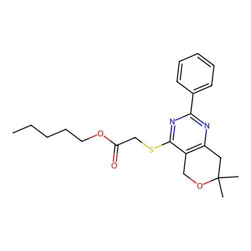 pentyl 2-((7,7-dimethyl-2-phenyl-7,8-dihydro-5H-pyrano[4,3-d]pyrimidin-4-yl)thio)acetate structure