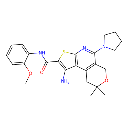 1-amino-N-(2-methoxyphenyl)-8,8-dimethyl-5-(pyrrolidin-1-yl)-8,9-dihydro-6H-pyrano[4,3-d]thieno[2,3-b]pyridine-2-carboxamide structure