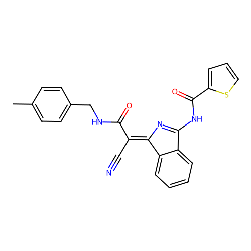 (Z)-N-(1-(1-cyano-2-((4-methylbenzyl)amino)-2-oxoethylidene)-1H-isoindol-3-yl)thiophene-2-carboxamide structure