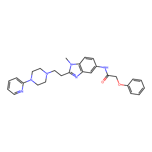 N-(1-methyl-2-(2-(4-(pyridin-2-yl)piperazin-1-yl)ethyl)-1H-benzo[d]imidazol-5-yl)-2-phenoxyacetamide structure