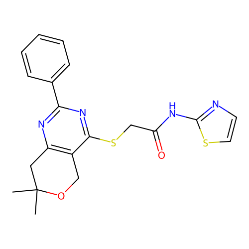 2-((7,7-dimethyl-2-phenyl-7,8-dihydro-5H-pyrano[4,3-d]pyrimidin-4-yl)thio)-N-(thiazol-2-yl)acetamide structure