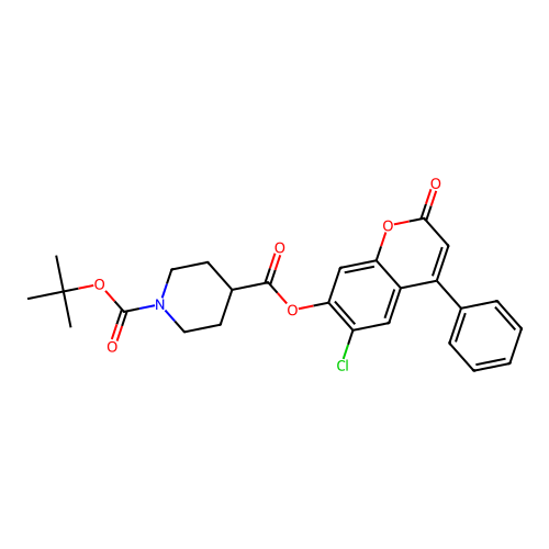 1-tert-butyl 4-(6-chloro-2-oxo-4-phenyl-2H-chromen-7-yl) piperidine-1,4-dicarboxylate structure