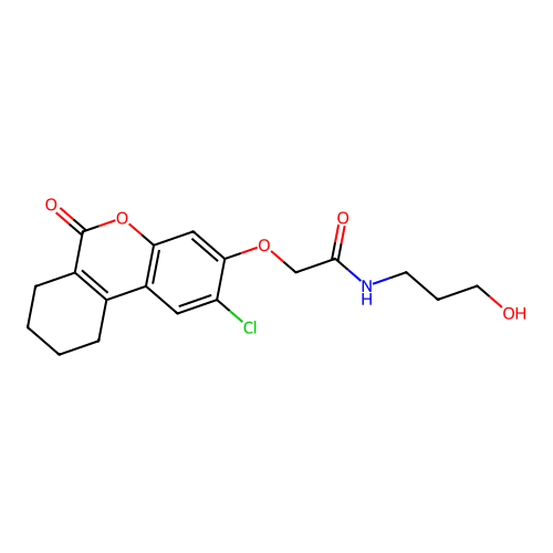 2-((2-chloro-6-oxo-7,8,9,10-tetrahydro-6H-benzo[c]chromen-3-yl)oxy)-N-(3-hydroxypropyl)acetamide structure