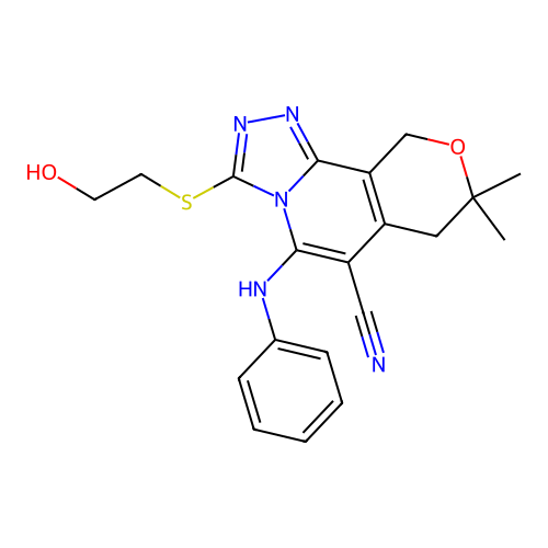 3-((2-hydroxyethyl)thio)-8,8-dimethyl-5-(phenylamino)-8,10-dihydro-7H-pyrano[3,4-c][1,2,4]triazolo[4,3-a]pyridine-6-carbonitrile structure