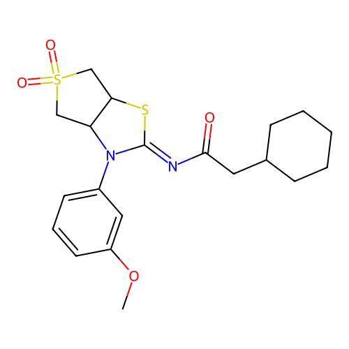 (Z)-2-cyclohexyl-N-(3-(3-methoxyphenyl)-5,5-dioxidotetrahydrothieno[3,4-d]thiazol-2(3H)-ylidene)acetamide structure