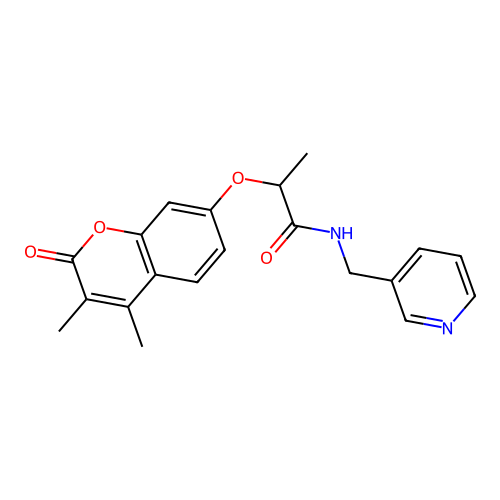 2-((3,4-dimethyl-2-oxo-2H-chromen-7-yl)oxy)-N-(pyridin-3-ylmethyl)propanamide structure