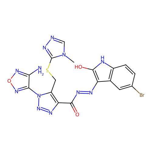 (Z)-1-(4-amino-1,2,5-oxadiazol-3-yl)-N'-(5-bromo-2-oxoindolin-3-ylidene)-5-(((4-methyl-4H-1,2,4-triazol-3-yl)thio)methyl)-1H-1,2,3-triazole-4-carbohydrazide structure