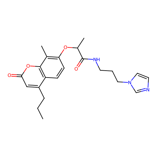 N-(3-imidazol-1-ylpropyl)-2-(8-methyl-2-oxo-4-propylchromen-7-yl)oxypropanamide structure