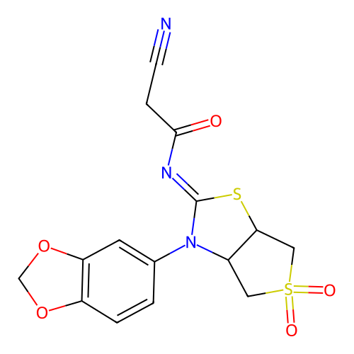 (Z)-N-(3-(benzo[d][1,3]dioxol-5-yl)-5,5-dioxidotetrahydrothieno[3,4-d]thiazol-2(3H)-ylidene)-2-cyanoacetamide structure