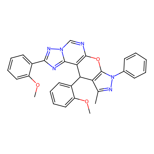 2,11-bis(2-methoxyphenyl)-10-methyl-8-phenyl-8,11-dihydropyrazolo[4',3':5,6]pyrano[3,2-e][1,2,4]triazolo[1,5-c]pyrimidine structure