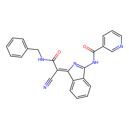 (Z)-N-(1-(2-(benzylamino)-1-cyano-2-oxoethylidene)-1H-isoindol-3-yl)nicotinamide structure