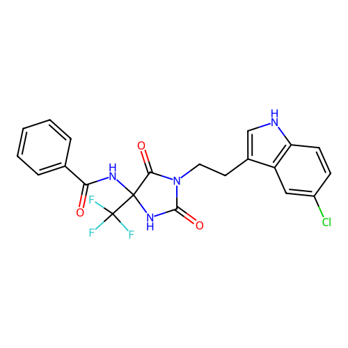 N-[1-[2-(5-chloro-1H-indol-3-yl)ethyl]-2,5-dioxo-4-(trifluoromethyl)imidazolidin-4-yl]benzamide structure