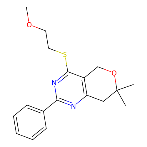 4-(2-methoxyethylsulfanyl)-7,7-dimethyl-2-phenyl-5,8-dihydropyrano[4,3-d]pyrimidine structure