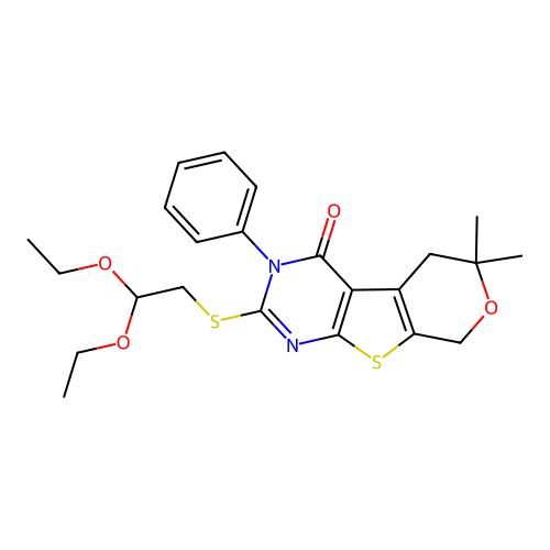 2-((2,2-diethoxyethyl)thio)-6,6-dimethyl-3-phenyl-5,6-dihydro-3H-pyrano[4',3':4,5]thieno[2,3-d]pyrimidin-4(8H)-one structure