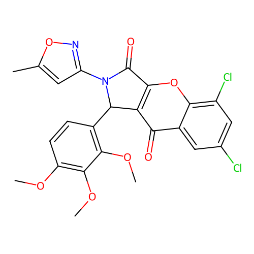 5,7-dichloro-2-(5-methyl-1,2-oxazol-3-yl)-1-(2,3,4-trimethoxyphenyl)-1,2-dihydrochromeno[2,3-c]pyrrole-3,9-dione structure