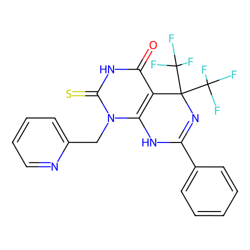 7-phenyl-1-(pyridin-2-ylmethyl)-2-thioxo-5,5-bis(trifluoromethyl)-2,3,5,8-tetrahydropyrimido[4,5-d]pyrimidin-4(1H)-one structure