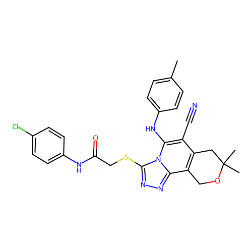N-(4-chlorophenyl)-2-((6-cyano-8,8-dimethyl-5-(p-tolylamino)-8,10-dihydro-7H-pyrano[3,4-c][1,2,4]triazolo[4,3-a]pyridin-3-yl)thio)acetamide structure