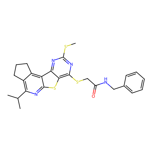 N-benzyl-2-((4-isopropyl-9-(methylthio)-2,3-dihydro-1H-cyclopenta[4',5']pyrido[3',2':4,5]thieno[3,2-d]pyrimidin-7-yl)thio)acetamide structure